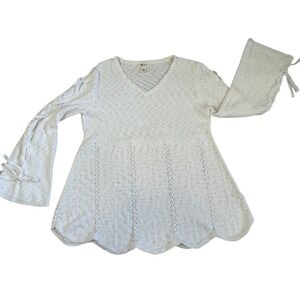 Style & Co Sweater Women's L White V-Neck Tie Sleeve Knit Boho EUC Romantic